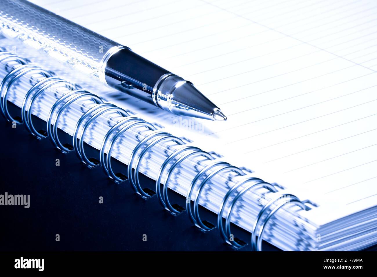 détail d'un cahier et d'un stylo d'affaires en composition sous teinte bleue claire Banque D'Images