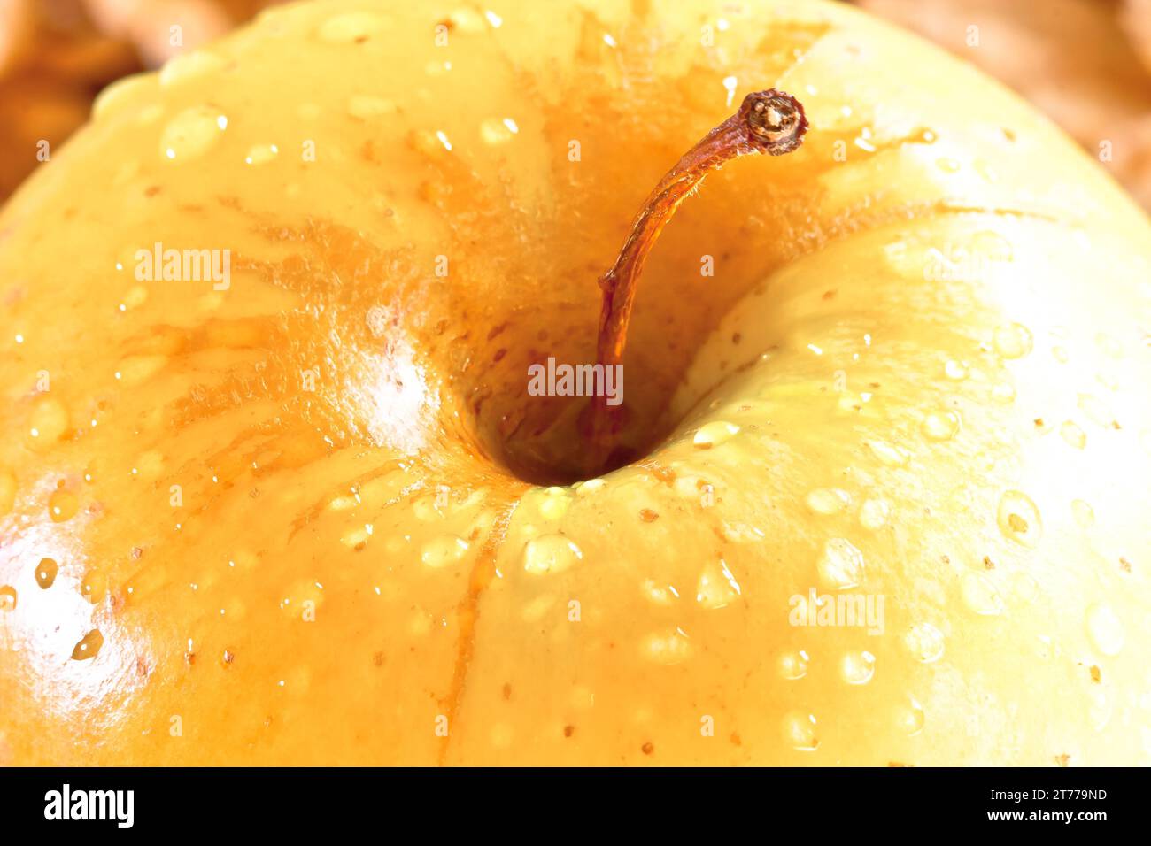 macro humide jaune pomme délicieuse, concept de régime Banque D'Images