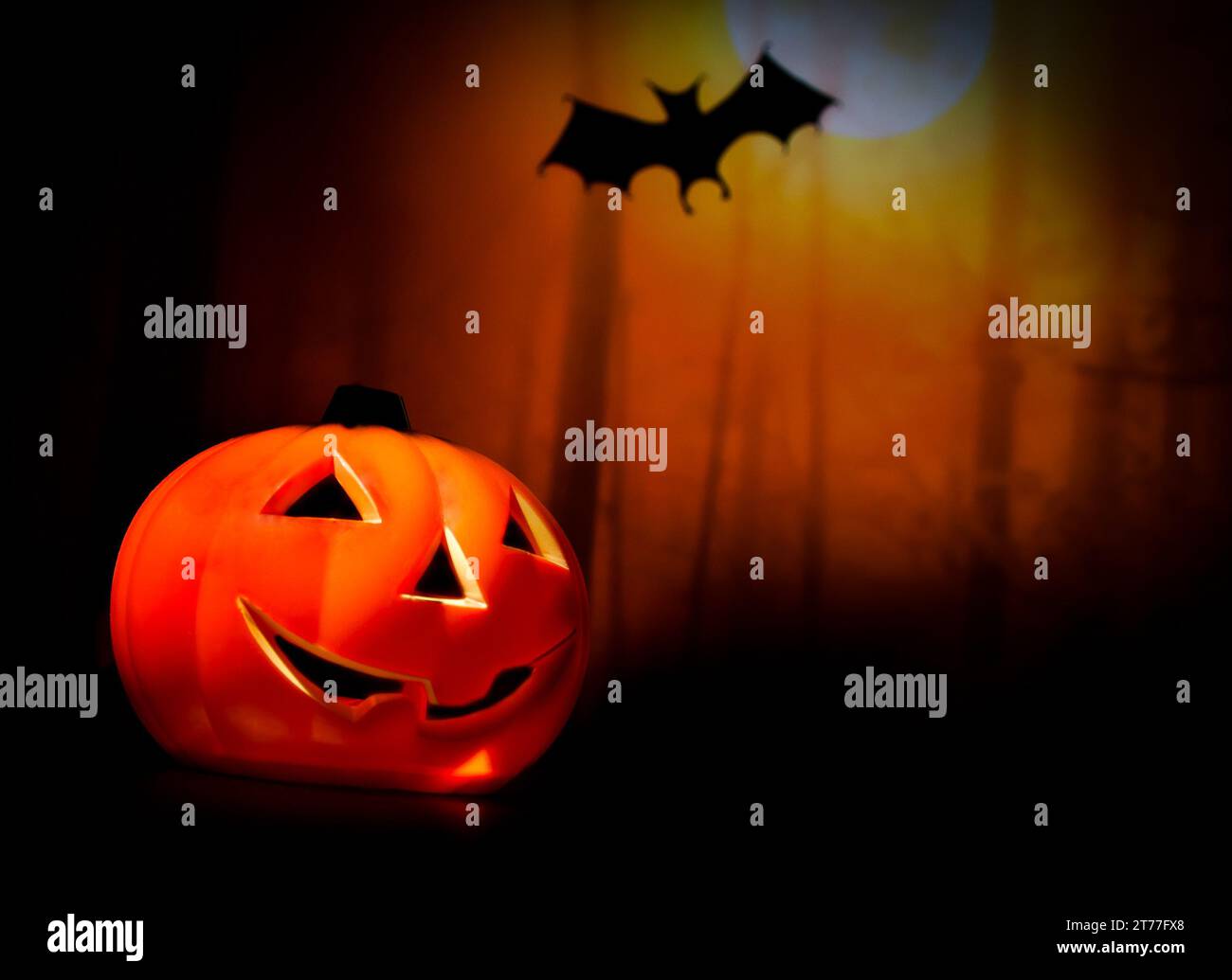 Fond de nuit d'Halloween avec chauve-souris effrayante et citrouille, concept de fête d'halloween Banque D'Images