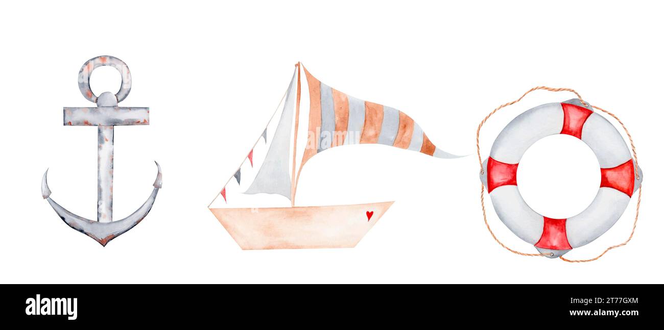 Ensemble aquarelle d'une ancre de bateau et d'une bouée de sauvetage. Thème marin pour la conception d'affiches et de cartes. Invitations pour baby shower sur le thème de l'océan. Banque D'Images