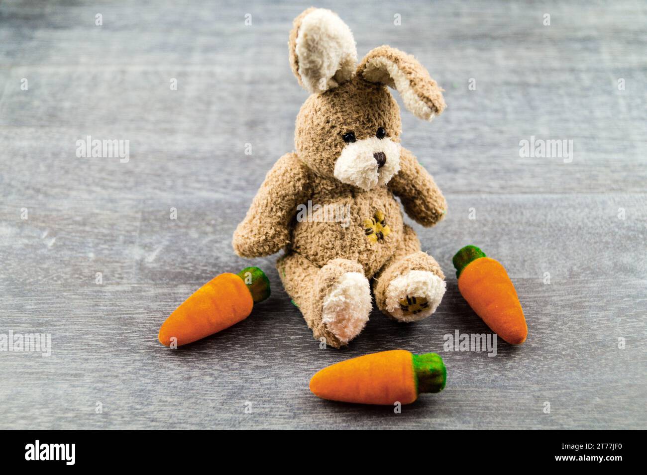 lapin en peluche eith carottes Banque D'Images
