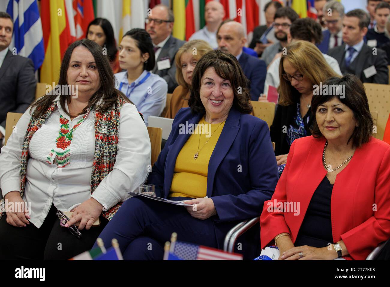 (De gauche à droite) Larysa Gerasko, ambassadrice d'Ukraine en Irlande, Claire D Cronin, ambassadrice des États-Unis en Irlande, et Barbara Nolan, chef de la représentation de la Commission européenne en Irlande, lors d'une table ronde sur la désinformation russe, à Europa House, Dublin. Date de la photo : mardi 14 novembre 2023. Banque D'Images