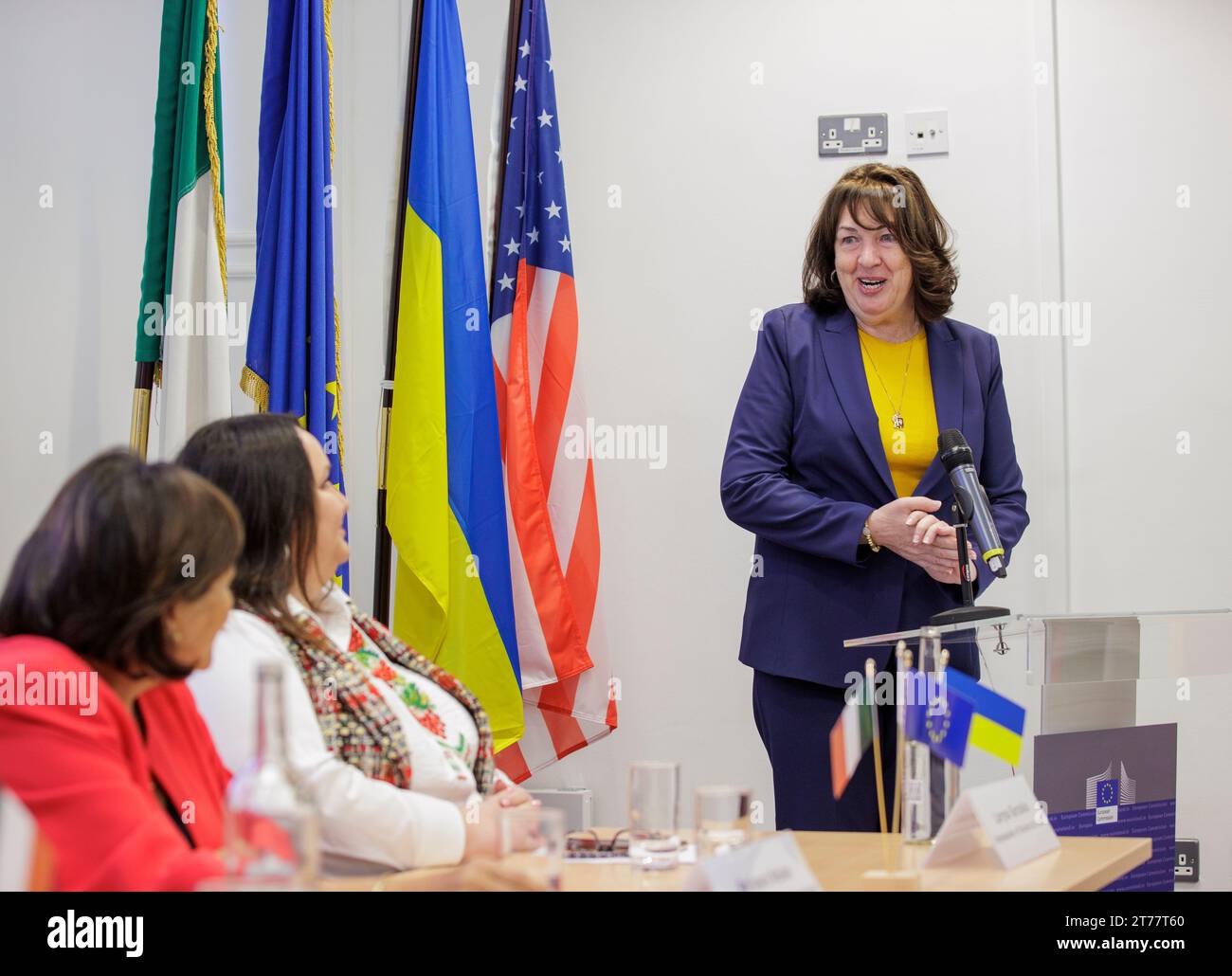 Barbara Nolan (à gauche), chef de la représentation de la Commission européenne en Irlande, Larysa Gerasko (au centre), ambassadrice d'Ukraine en Irlande (à gauche) Ecoutez Claire D Cronin (à droite), ambassadrice des États-Unis en Irlande alors qu’elle s’engage à soutenir l’Ukraine sur la foi du président américain Joe Biden lors d’une table ronde sur la désinformation russe, à Europa House, Dublin. Date de la photo : mardi 14 novembre 2023. Banque D'Images