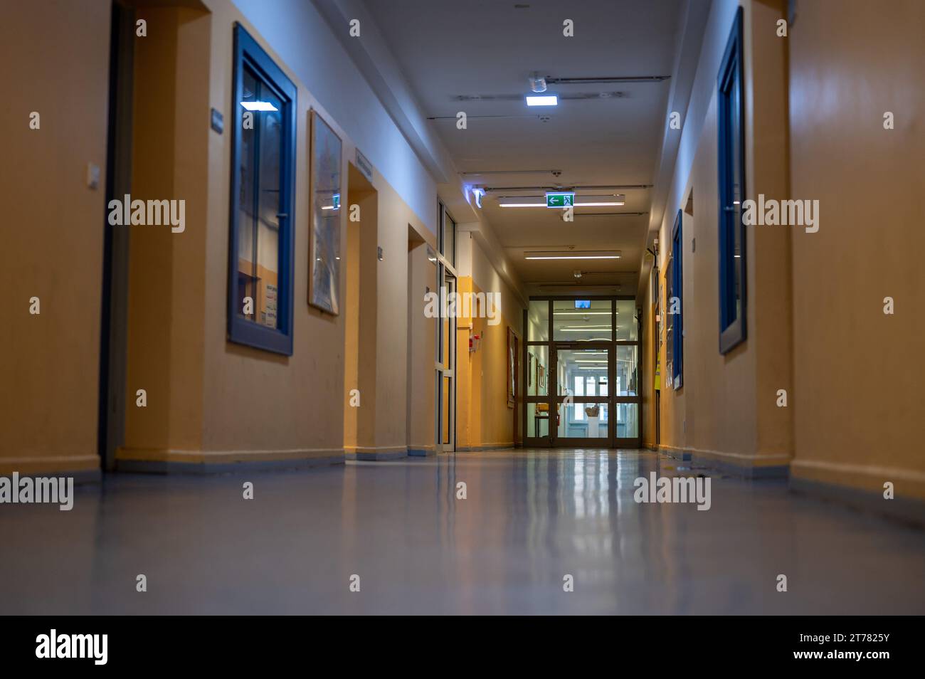Trèves, Allemagne. 14 novembre 2023. Vue d’un couloir du centre d’accueil pour demandeurs d’asile (AFA) à Trèves, dans lequel des chambres pour réfugiés sont aménagées à gauche et à droite. Crédit : Harald Tittel/dpa/Alamy Live News Banque D'Images
