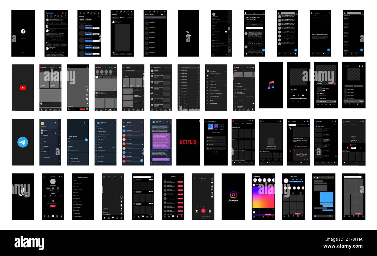 Tik Tok, Youtube, instagram et facebook, twiiter, x.com, x, Telegram, netflix, maquette de musique Apple. Temp. De l'interface de réseau de médias sociaux grand écran Illustration de Vecteur