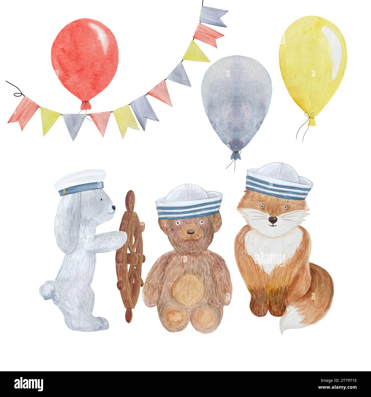 Ensemble de célébration de jouet marin aquarelle isolé sur blanc Banque D'Images