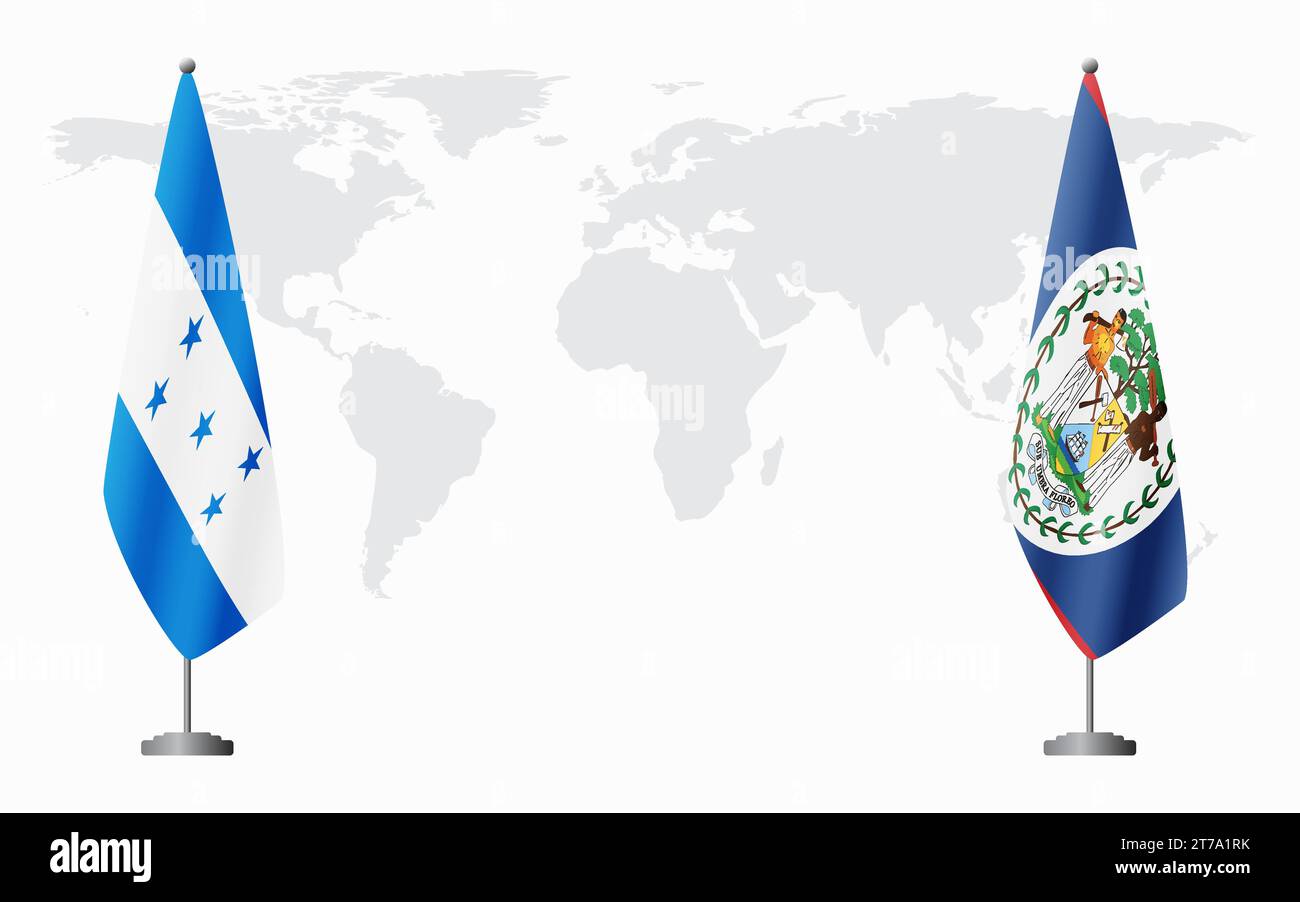 Drapeaux du Honduras et du Belize pour la réunion officielle sur fond de carte du monde. Illustration de Vecteur