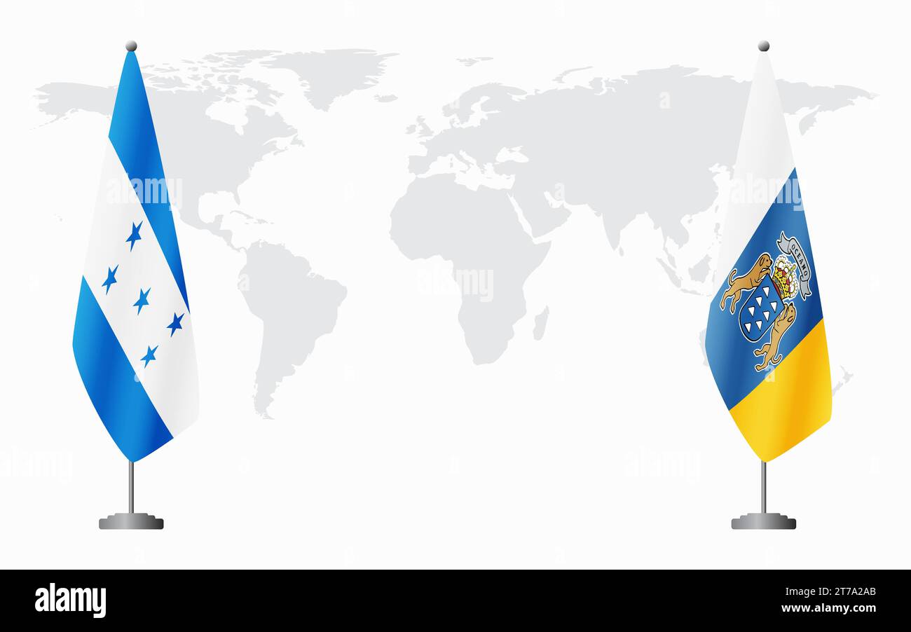 Drapeaux du Honduras et des îles Canaries pour la réunion officielle sur fond de carte du monde. Illustration de Vecteur