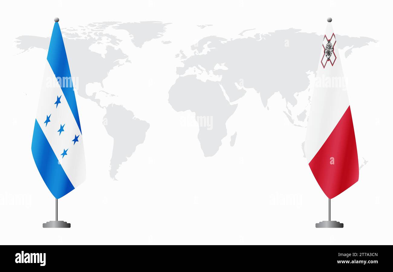 Drapeaux du Honduras et de Malte pour la réunion officielle sur fond de carte du monde. Illustration de Vecteur