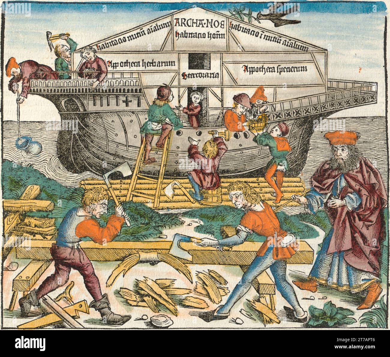 Représentation de l'arche de Noé en cours de construction - Illustration de la chronique de Nuremberg, 1493. Illustré par Wilhelm Pleydenwurff et Michael Wolgemut Banque D'Images