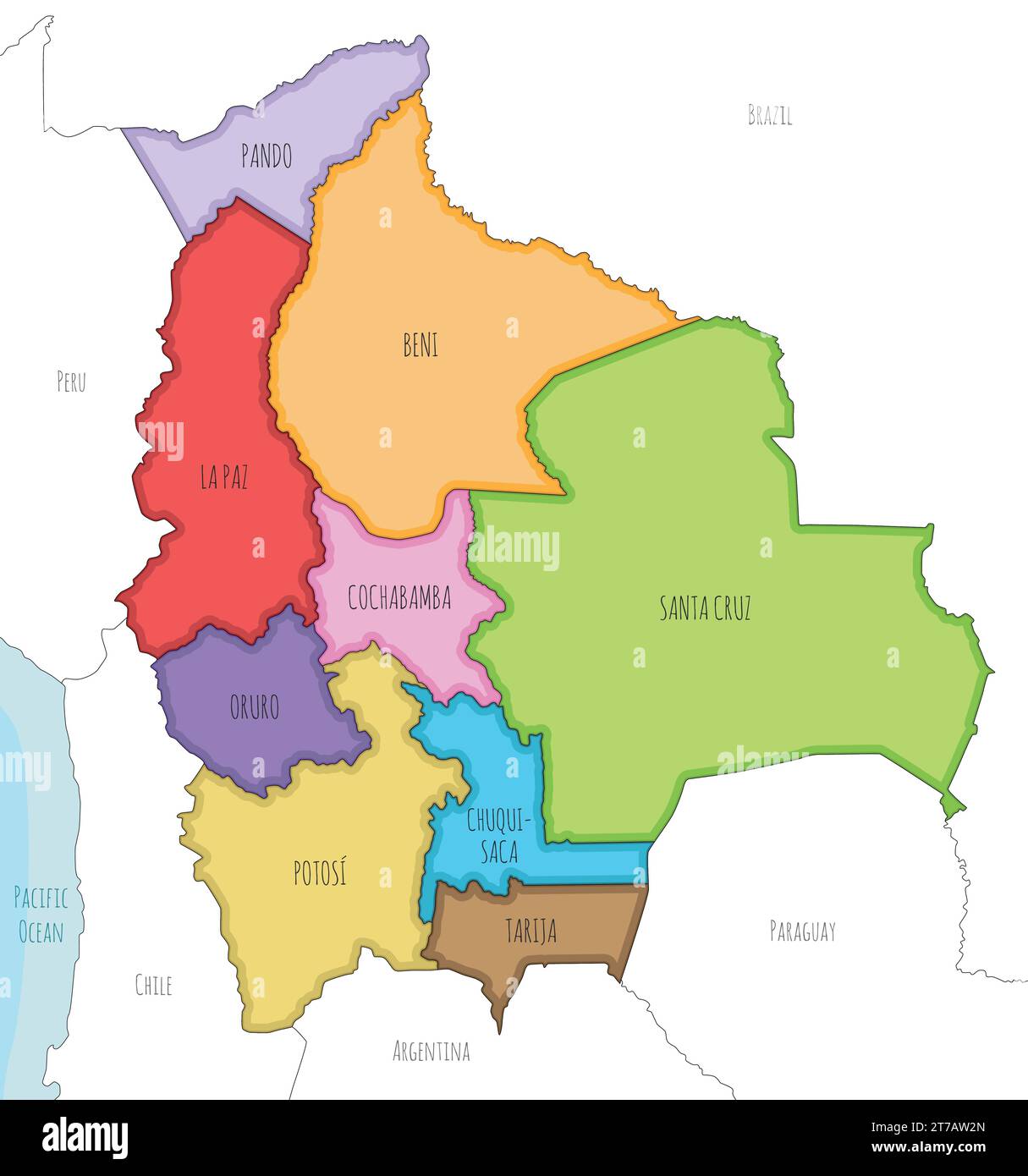 Carte vectorielle illustrée de la Bolivie avec les départements et divisions administratives, et les pays voisins. Calques modifiables et clairement étiquetés. Illustration de Vecteur