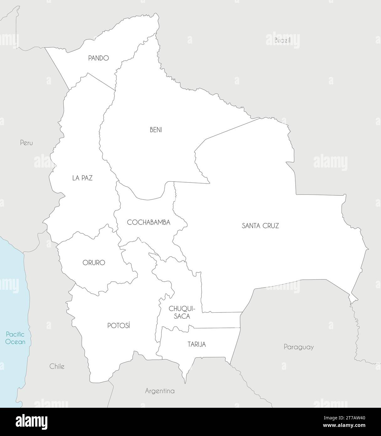 Carte vectorielle de la Bolivie avec les départements et divisions administratives, et les pays voisins. Calques modifiables et clairement étiquetés. Illustration de Vecteur