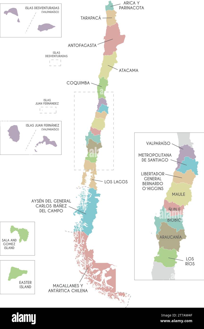 Carte vectorielle du Chili avec régions et territoires et divisions administratives. Calques modifiables et clairement étiquetés. Illustration de Vecteur