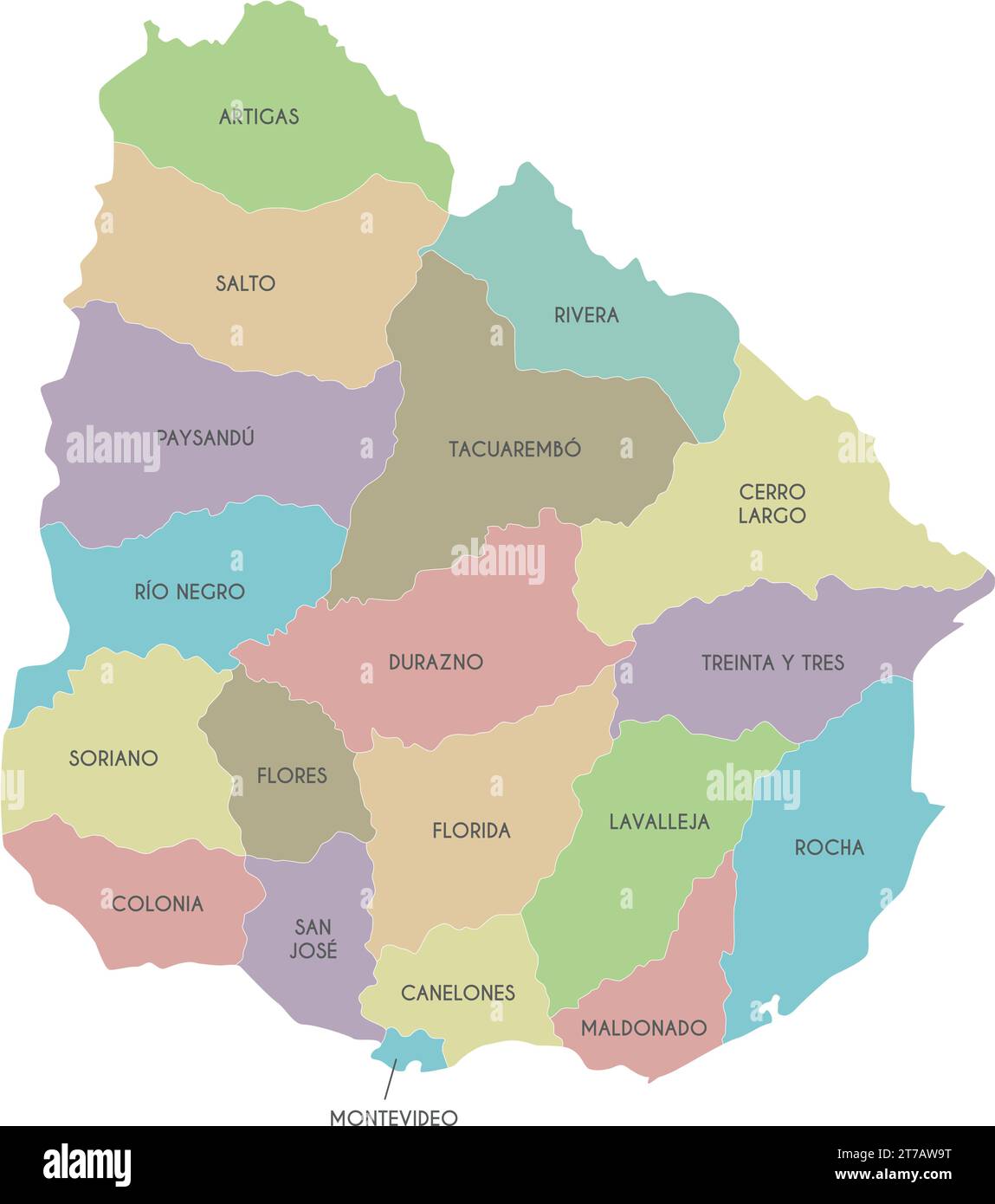 Carte vectorielle de l'Uruguay avec départements et divisions administratives. Calques modifiables et clairement étiquetés. Illustration de Vecteur