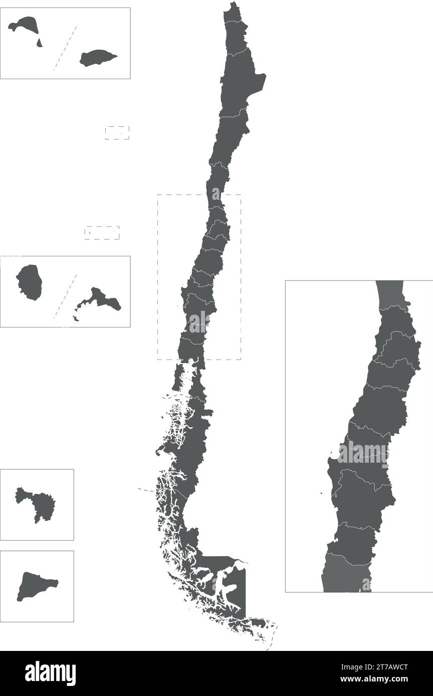 Carte vierge vectorielle du Chili avec régions et territoires et divisions administratives. Calques modifiables et clairement étiquetés. Illustration de Vecteur