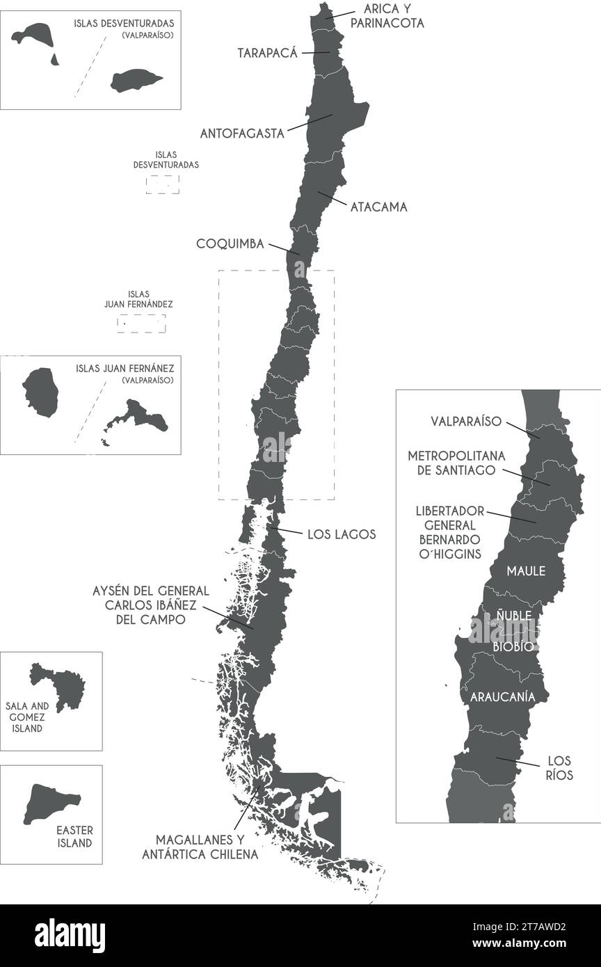 Carte vectorielle du Chili avec régions et territoires et divisions administratives. Calques modifiables et clairement étiquetés. Illustration de Vecteur