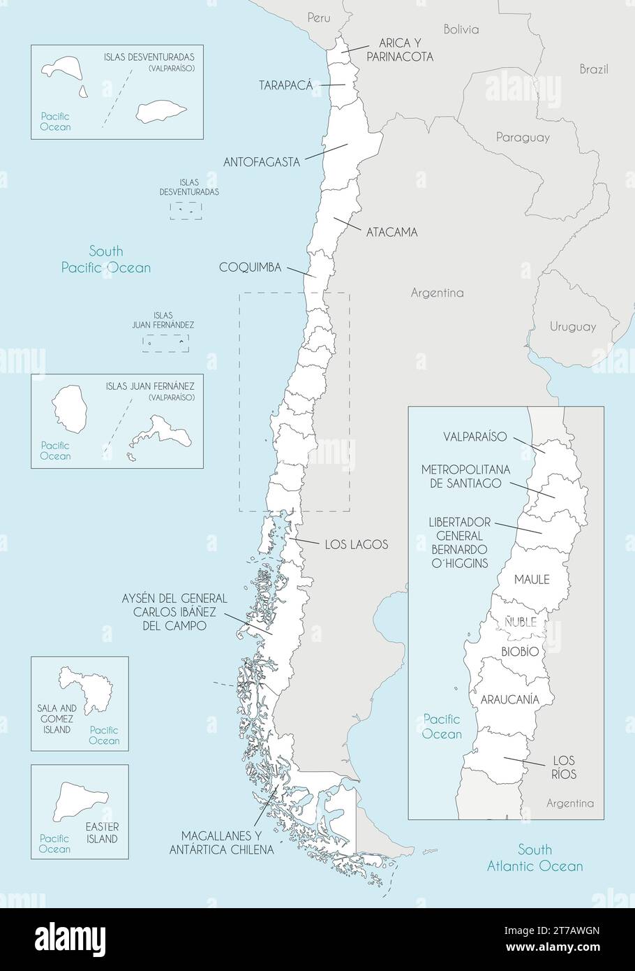 Carte vectorielle du Chili avec les régions et territoires et les divisions administratives, et les pays et territoires voisins. Modifiable et clairement labele Illustration de Vecteur
