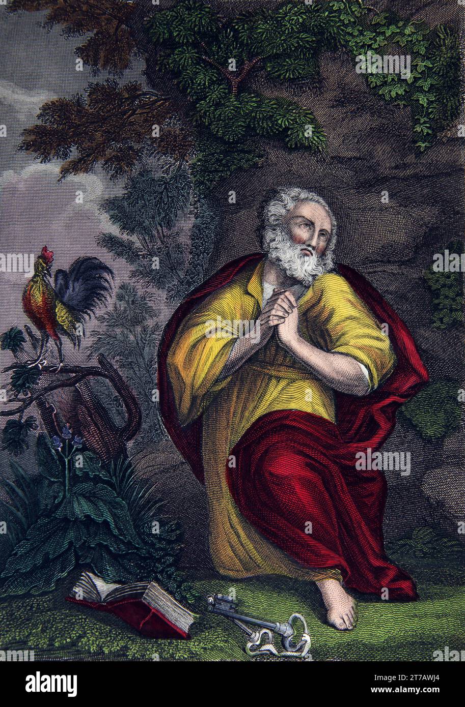 Illustration de la repentance de Pierre après l'arrestation de Jésus-Christ Pierre a nié le connaître trois fois sur la troisième dénégation, il a entendu le Coq Crow Banque D'Images