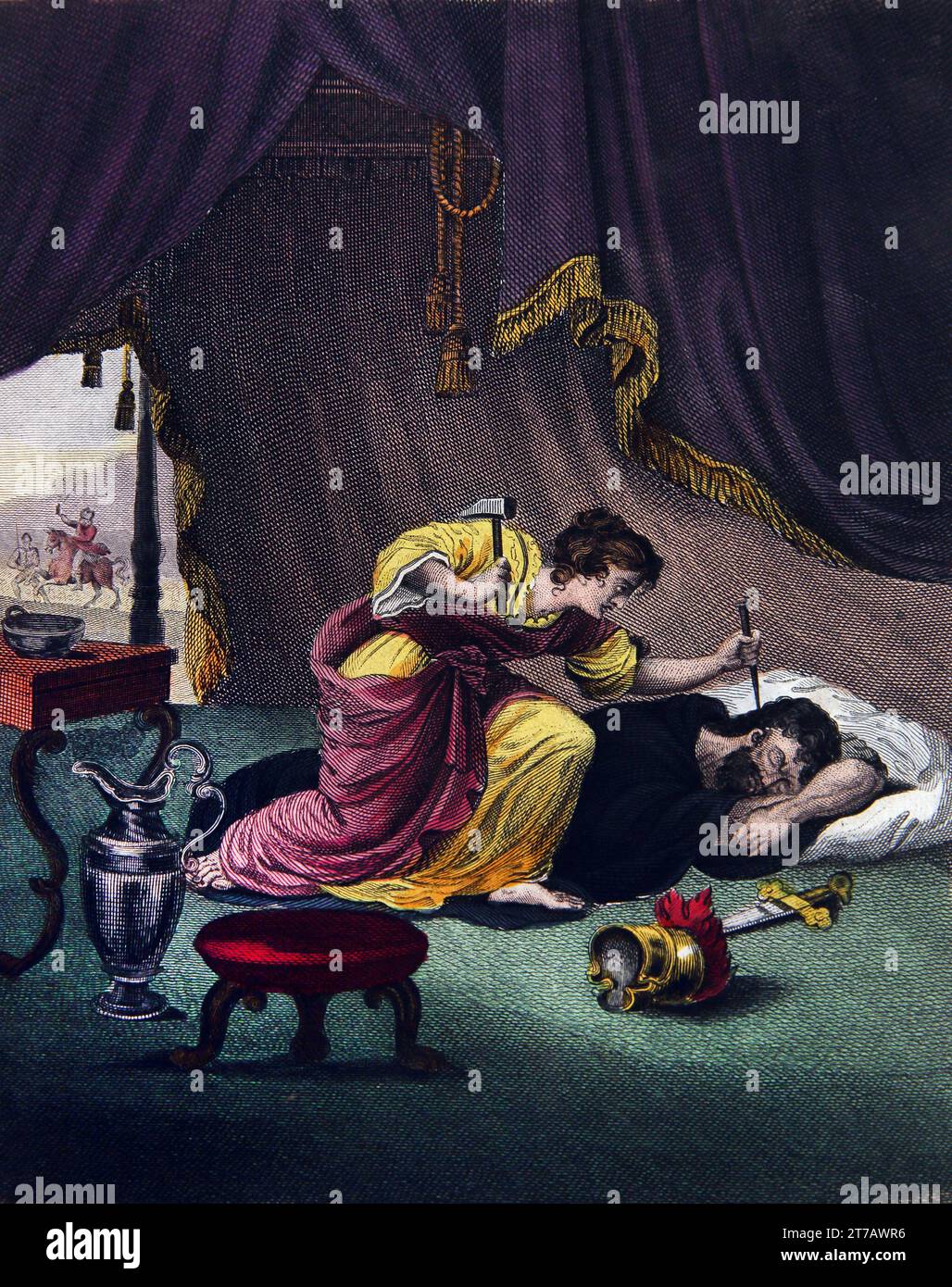 Illustration de Jael Killeth Sisera (juges IV.21) - Jael tue Sisera le commandant de l'armée du roi Jabin avec Une cheville de tente à travers son crâne qu'elle délivre Banque D'Images