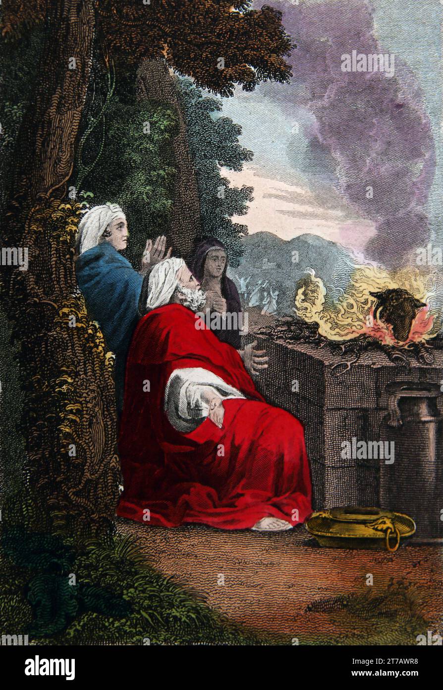 Illustration du sacrifice de Manoah (juges) Manoah et sa femme Barren sacrifiant un RAM au Seigneur afin qu'ils puissent avoir un enfant de l'auto-interprétation Banque D'Images
