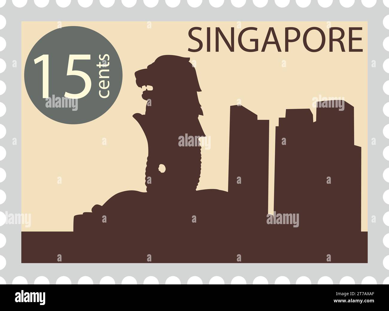 Timbre postal avec Skyline de la ville MERLION célèbre monument de SINGAPOUR Illustration de Vecteur