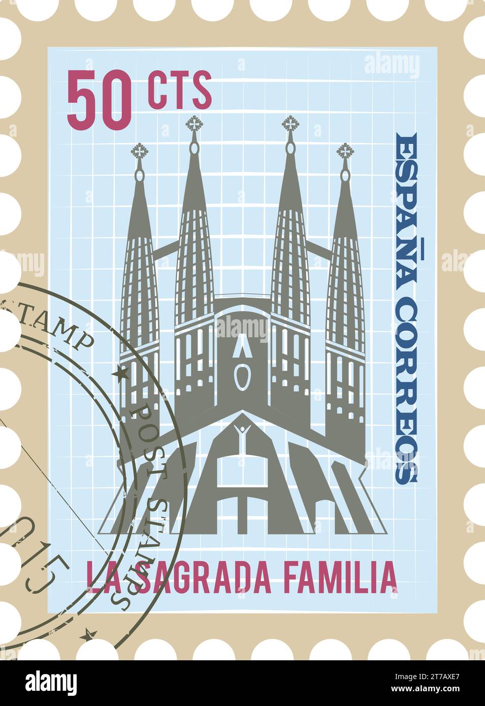 Timbre postal avec SAGRADA Família célèbre monument de BARCELONE, ESPAGNE Illustration de Vecteur