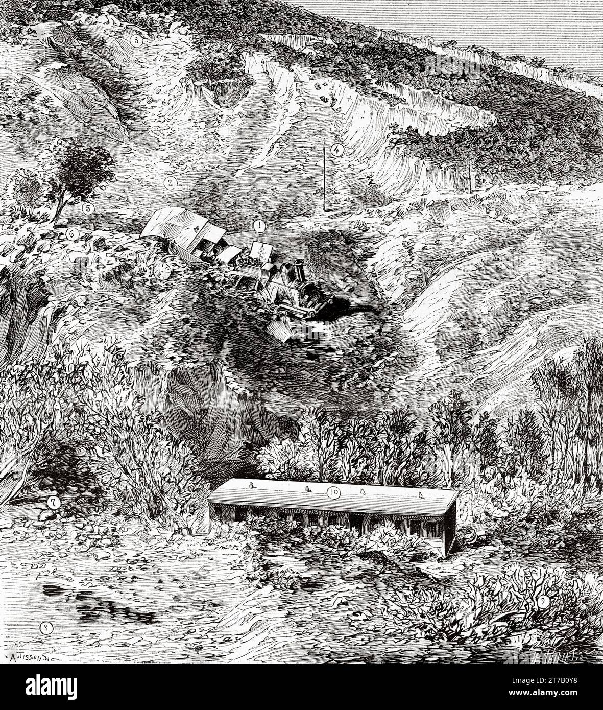 Catastrophe ferroviaire, catastrophe de Sisteron 12 novembre 1886, Faubourg de la Balme, France. Illustration ancienne de la nature 1887 Banque D'Images