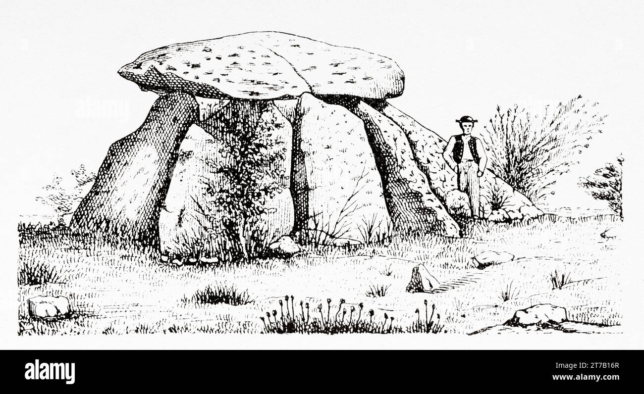 Anta ou Dolmen de Berrocal près d'Evora, Alentejo, Portugal. Illustration ancienne de la nature 1887 Banque D'Images
