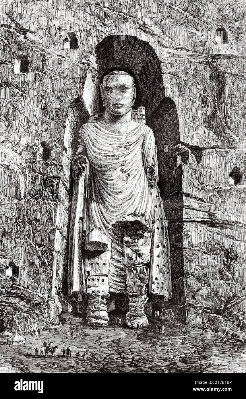 Les Bouddhas de Bamiyan, statues monumentales du 6e siècle sculptées sur le flanc d'une falaise dans la vallée de Bamyan, au centre de l'Afghanistan. Illustration ancienne de la nature 1887 Banque D'Images
