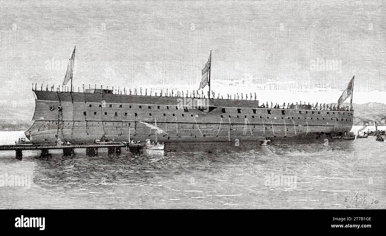 Le Pelayo était un cuirassé de la marine espagnole qui a servi dans la flotte espagnole de 1888 à 1925. Il fut le premier cuirassé et la plus puissante unité de la marine espagnole de l'époque, construit par les Forges et Chantiers de la Méditerranée à la Seyne en France. Illustration ancienne de la nature 1887 Banque D'Images