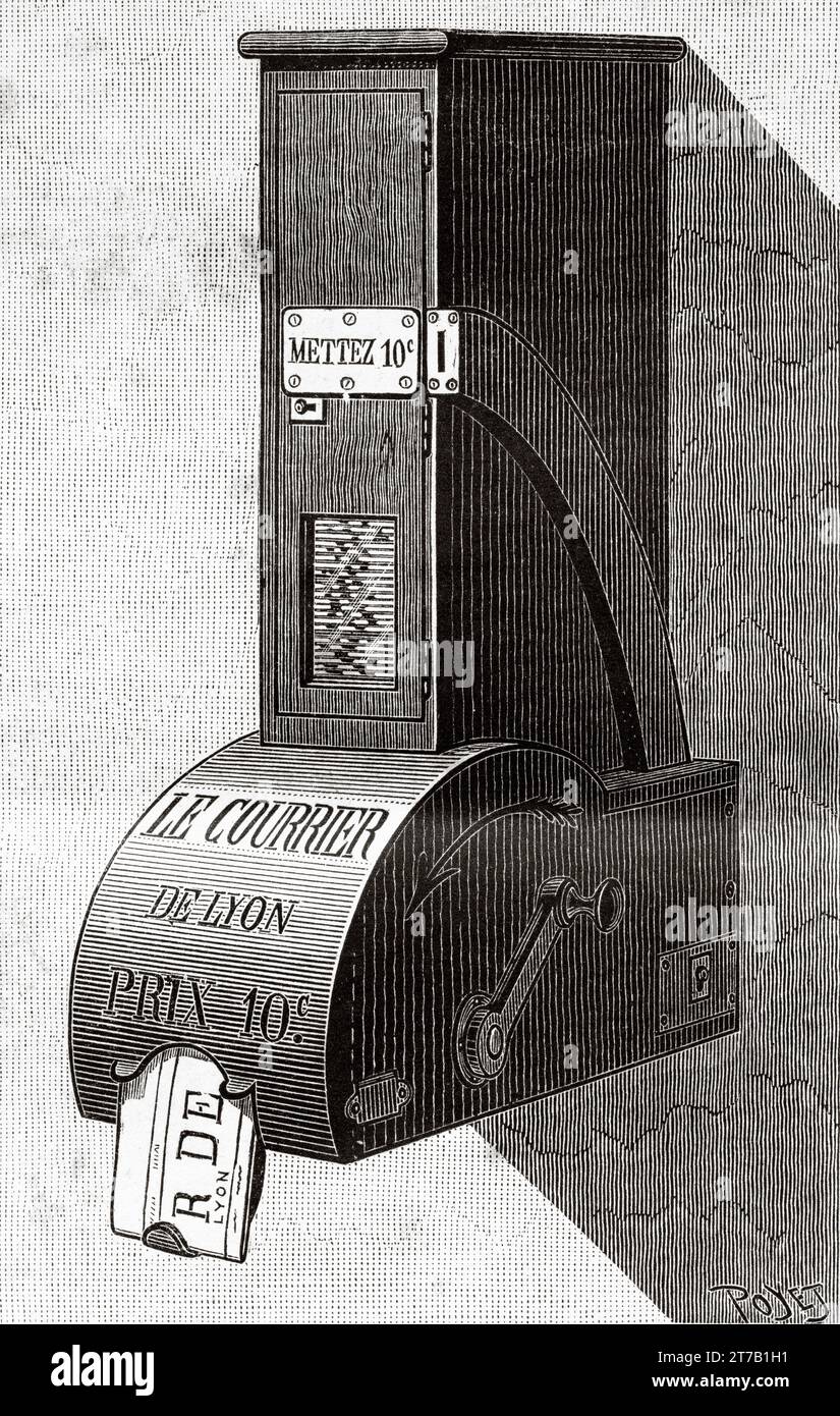 Distributeur automatique de journaux modèle construit pour le courrier de Lyon, France. Illustration ancienne de Louis Poyet (1846-1913) tirée de la nature 1887 Banque D'Images