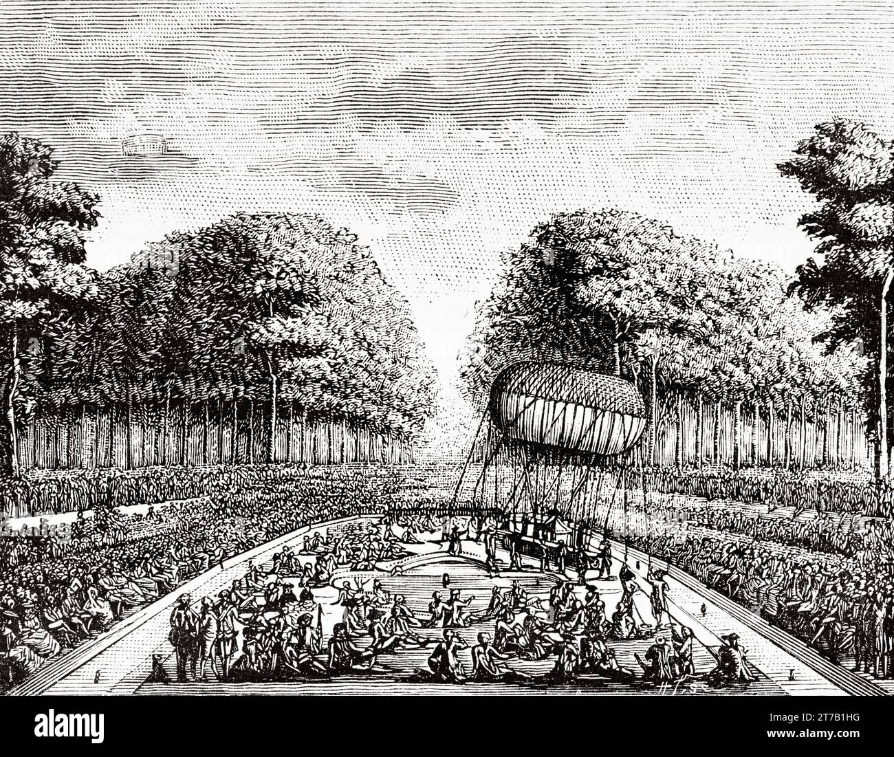 Ascension des frères Robert à Saint Cloud, dans le premier aérostat étendu, le 15 juillet 1784. France. Illustration ancienne de la nature 1887 Banque D'Images