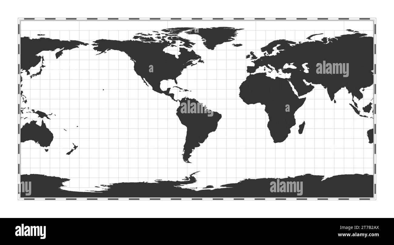 Carte du monde vectorielle. Projection équirectangulaire (plaque carree). Carte géographique du monde simple avec des lignes de latitude et de longitude. Centré à 60deg E Longi Illustration de Vecteur