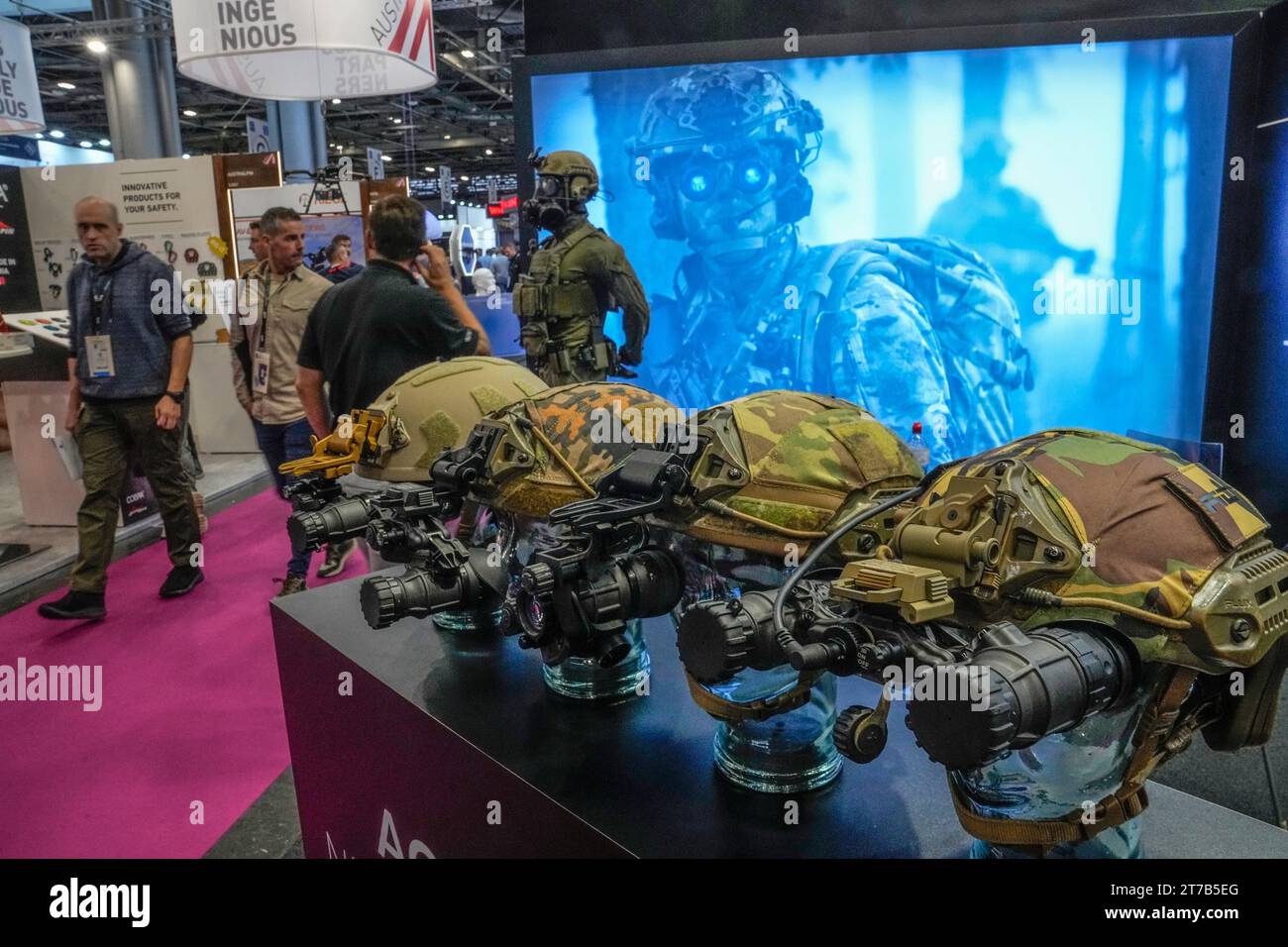 Night visions by Luxembourg's ACTinblack are displayed at the Paris Milipol Faire, a global event for national security and homeland security at the Parc des Expositions, Tuesday, Nov. 14, 2023, in Villepinte north of Paris. The 23rd edition will take place from November 14 to 17, 2023. (AP Photo/Michel Euler) Banque D'Images