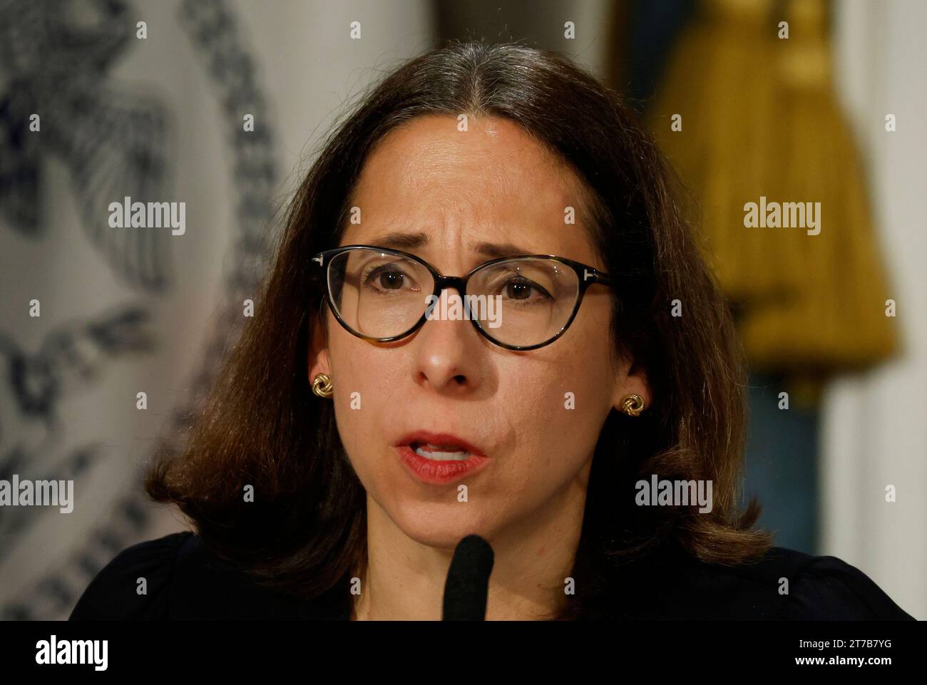 New York, États-Unis. 14 novembre 2023. Lisa Zornberg, avocate en chef de l'hôtel de ville, parle au nom du maire Adams de New York lorsqu'Adams est interrogé lors d'un point de presse en personne à l'hôtel de ville de New York, le mardi 14 novembre 2023. Le maire Adams est actuellement sous une enquête du FBI qui étudie l'argent de la campagne et l'influence étrangère possible. Photo de John Angelillo/UPI crédit : UPI/Alamy Live News Banque D'Images