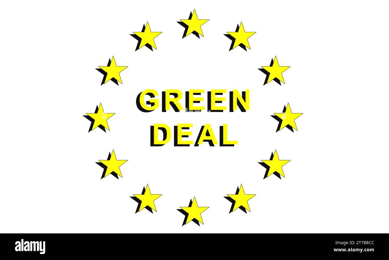 Plan industriel Green Deal, logo sur fond blanc, fonds pour l'efficacité énergétique, pour zéro émission dans la maison, les transports et l'agriculture. Banque D'Images