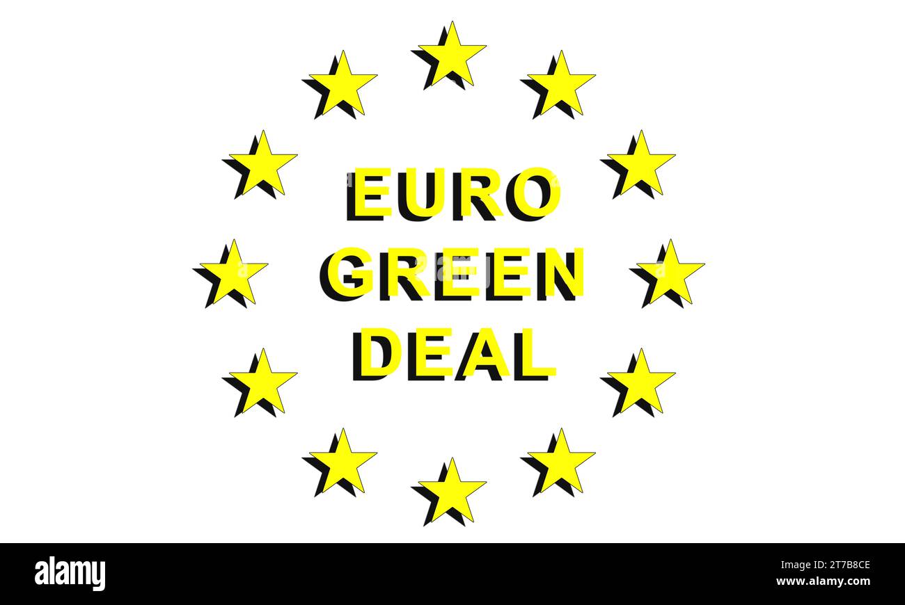 Plan industriel Green Deal, logo sur fond blanc, fonds pour l'efficacité énergétique, pour zéro émission dans la maison, les transports et l'agriculture. Banque D'Images