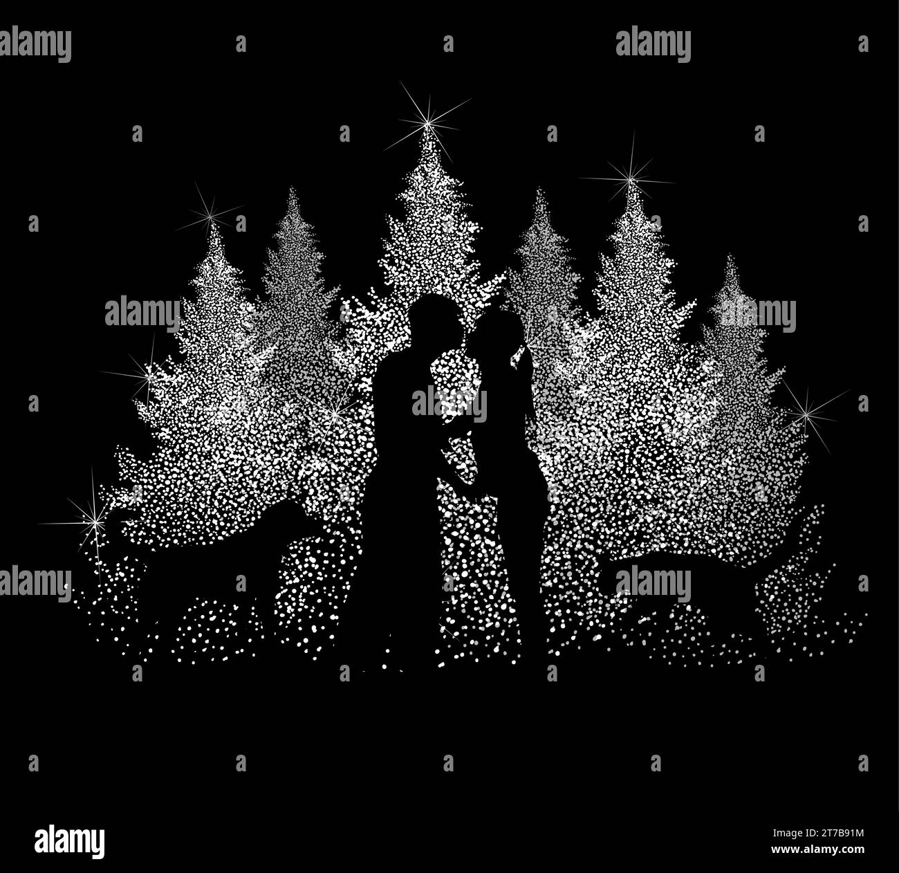 Les amoureux s'embrassent au sapin de Noël avec chien et chat. Noël. MyRealHoliday. dessin à la main. Pas IA. Illustration vectorielle Illustration de Vecteur