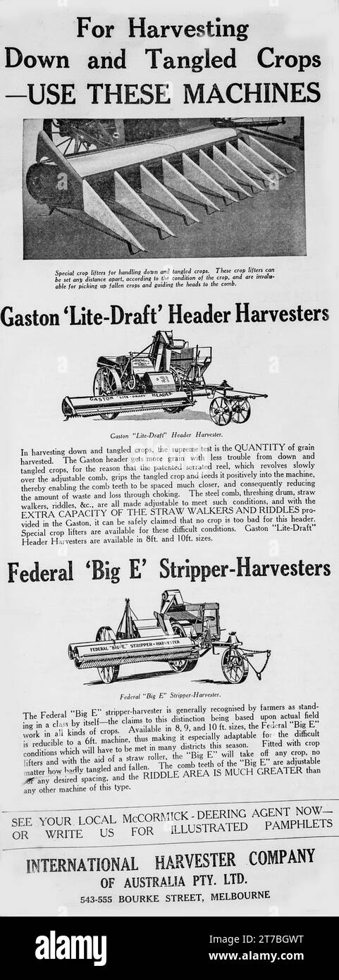 Publicité australienne millésime 1934 pour Gaston 'Lite-Draft' et Federal 'Big E' Stripper-Harvesters, machines agricoles pour la récolte. Ces machines ont été commercialisées pour leur capacité à traiter les récoltes couchées et enchevêtrées, offrant des solutions pour les agriculteurs confrontés à des conditions de récolte difficiles. Banque D'Images