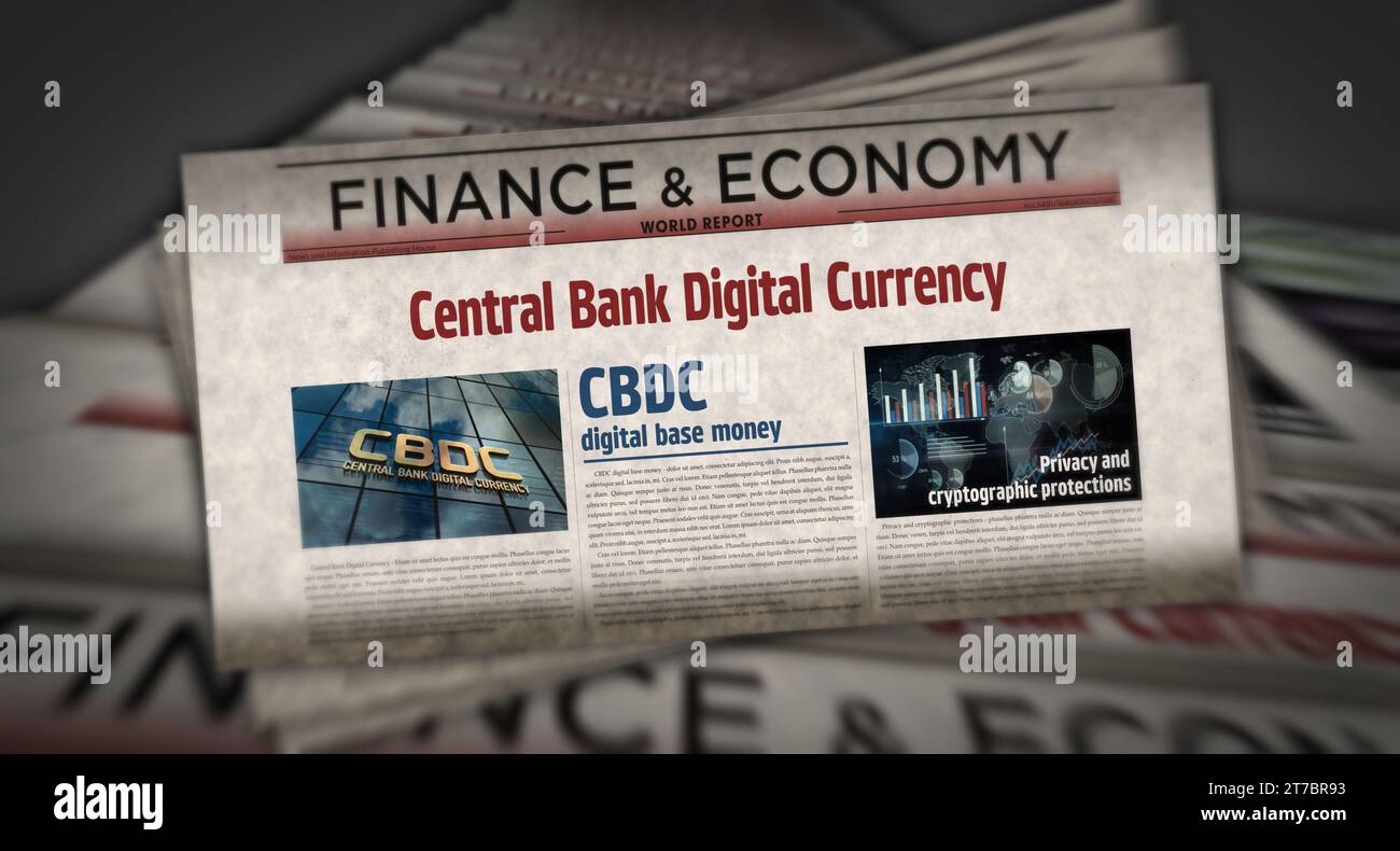CBDC Banque centrale monnaie numérique et crypto-monnaie vintage nouvelles et impression de journaux. Concept abstrait rétro titres illustration 3D. Banque D'Images