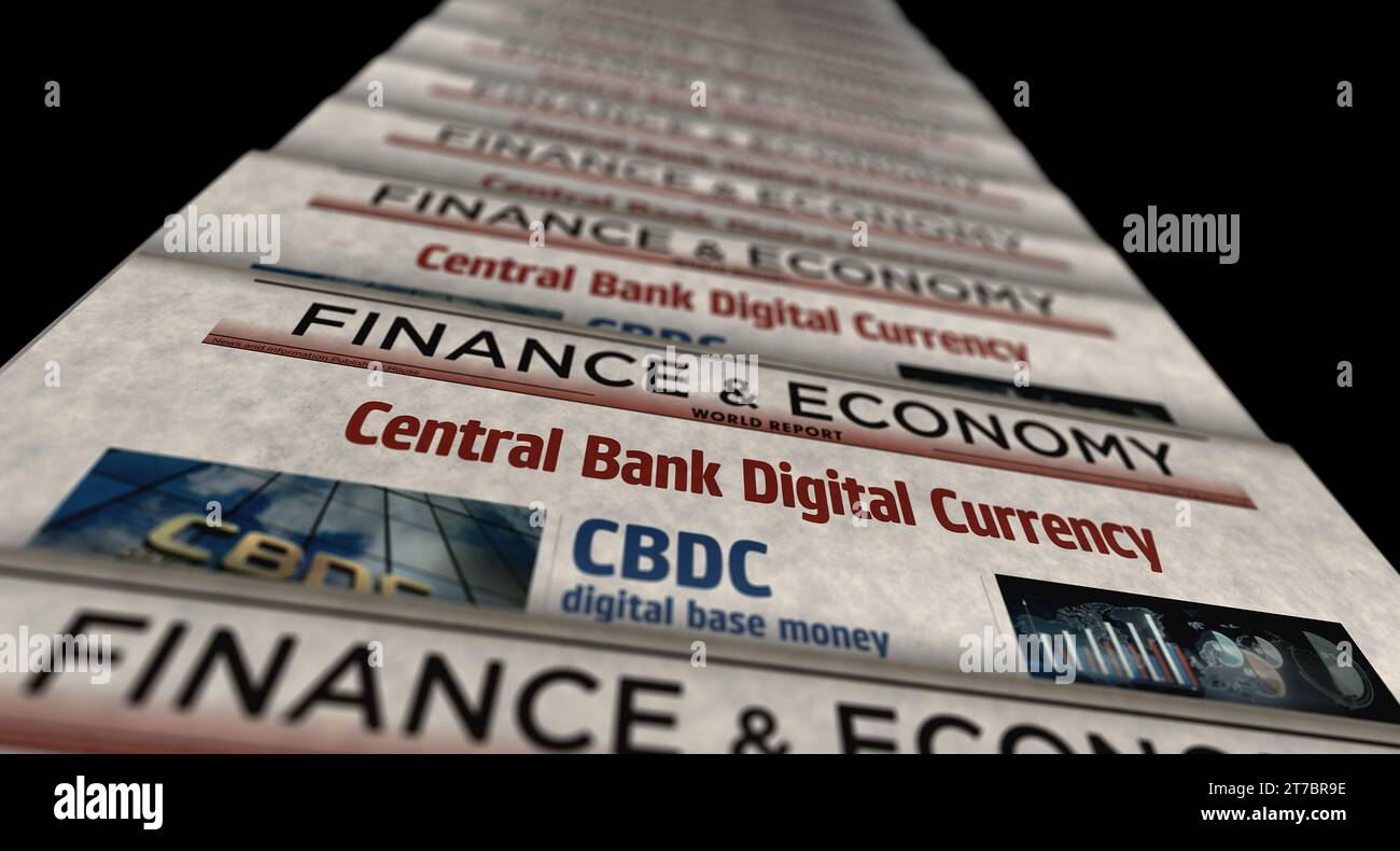 CBDC Banque centrale monnaie numérique et crypto-monnaie vintage nouvelles et impression de journaux. Concept abstrait rétro titres illustration 3D. Banque D'Images
