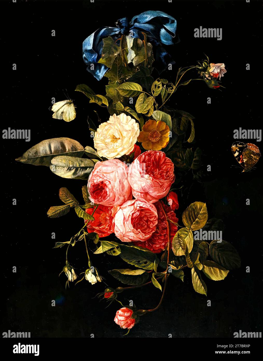 'Carstian Luyckx - nature morte de roses roses, jaunes et blanches suspendues à un ruban bleu avec un amiral rouge : un chef-d'œuvre d'Art classique' Illustration de Vecteur
