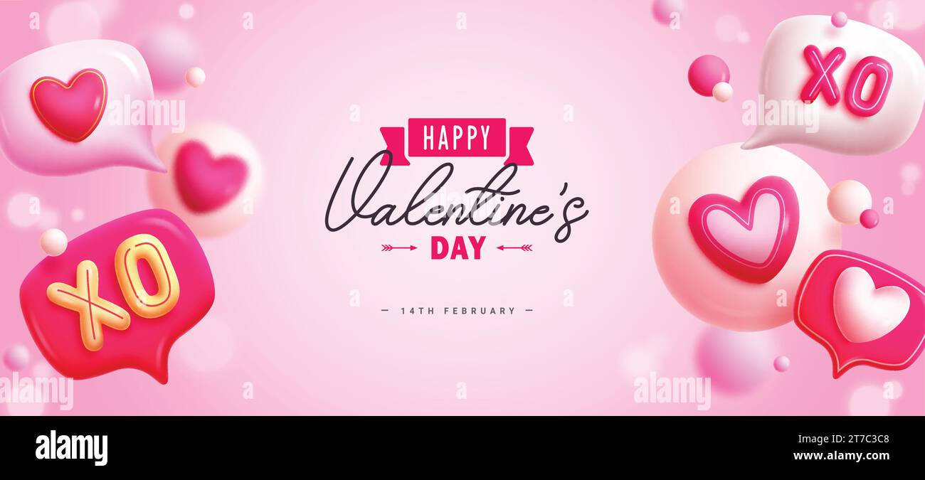 Bannière vectorielle de texte de Happy Valentine. Carte de voeux de Saint-Valentin avec des ballons gonflables et le signe d'amour de coeur pour le fond romantique de célébration. Illustration de Vecteur