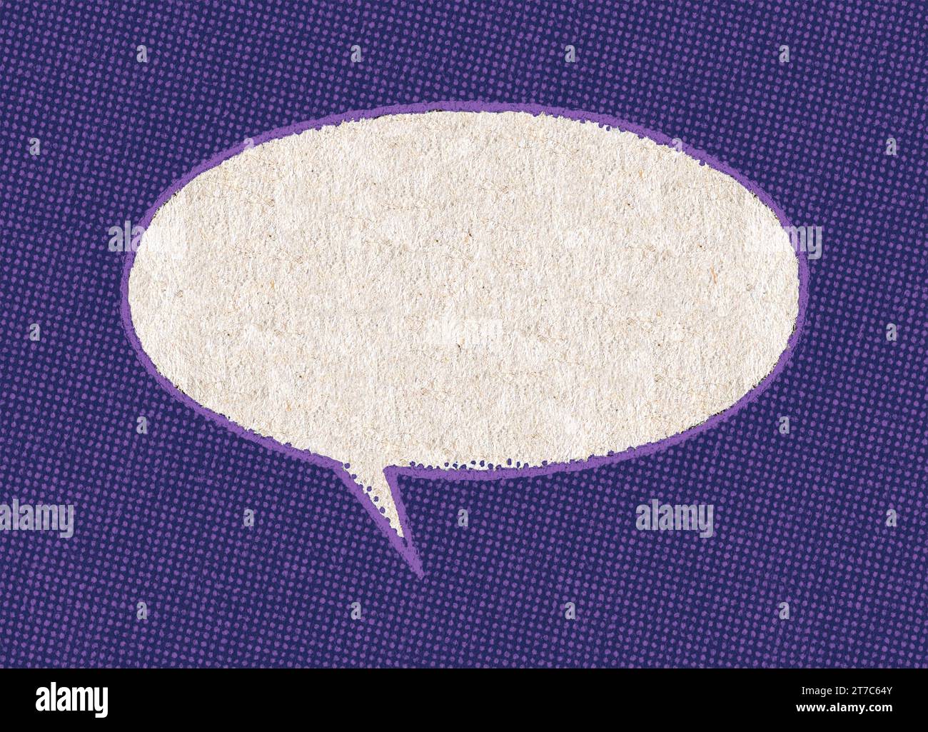 Bulle de chat blanche vide sur un motif de fond de points d'impression violets de la page de BD vintage réelle Banque D'Images