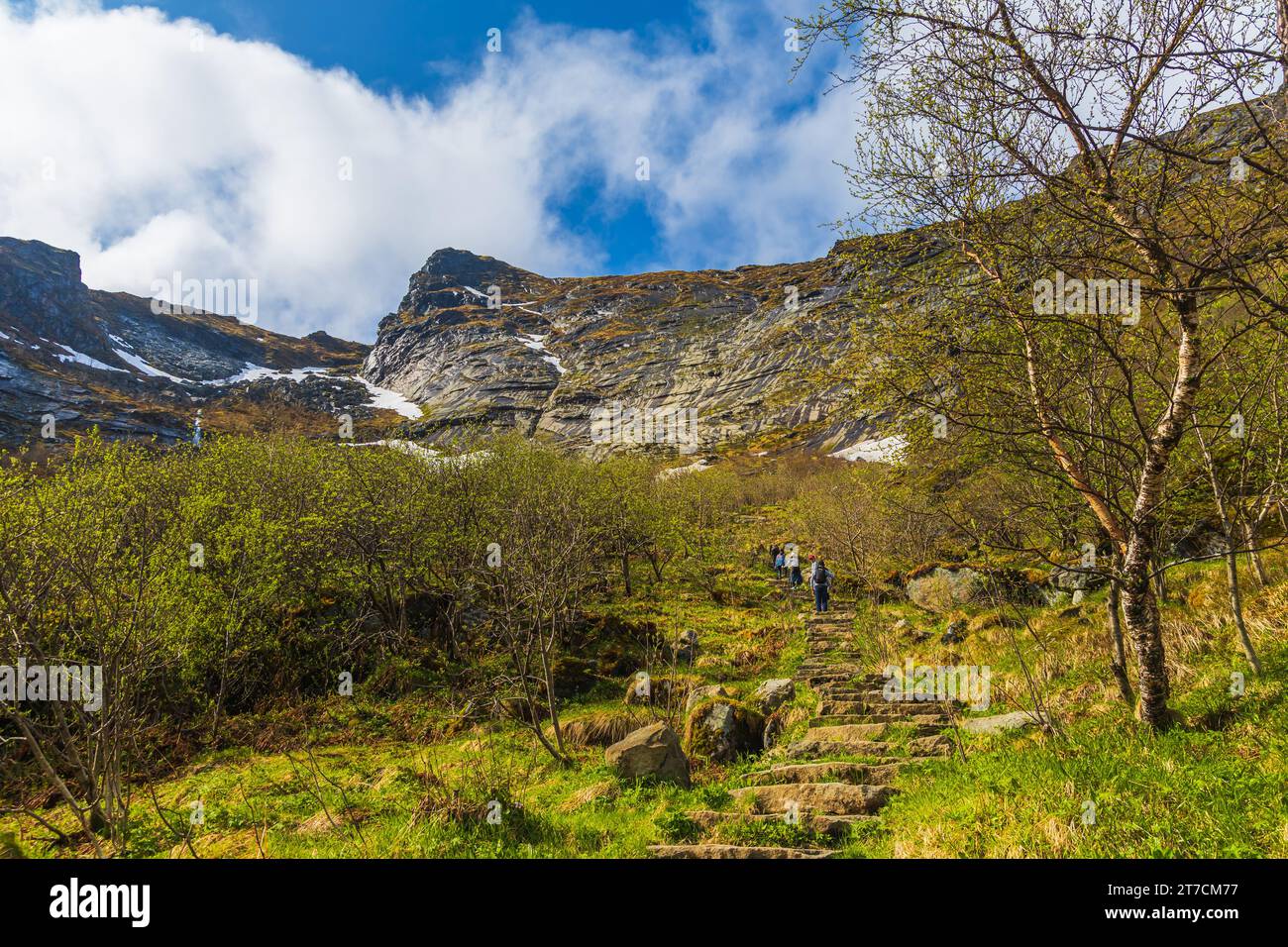 Randonnée jusqu'à Reinebringen, Reine, Lofoten, Norvège est relativement facile, environ 1 500 marches de pierre pour atteindre le 1e belvédère pour profiter de la vue panoramique de Reine. Banque D'Images