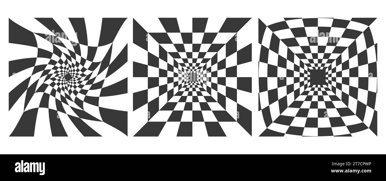 Damier motif psychédélique noir et blanc. Arrière-plan d'art d'illusion d'optique. Grille d'échecs abstraite carré Y2K. Perspective vectorielle circulaire ondulée Illustration de Vecteur