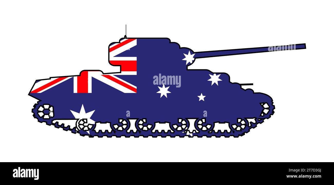 Silhouette d'un char de combat australien typique montrant les icônes et les couleurs du drapeau de l'Union isolés sur un fond blanc Banque D'Images