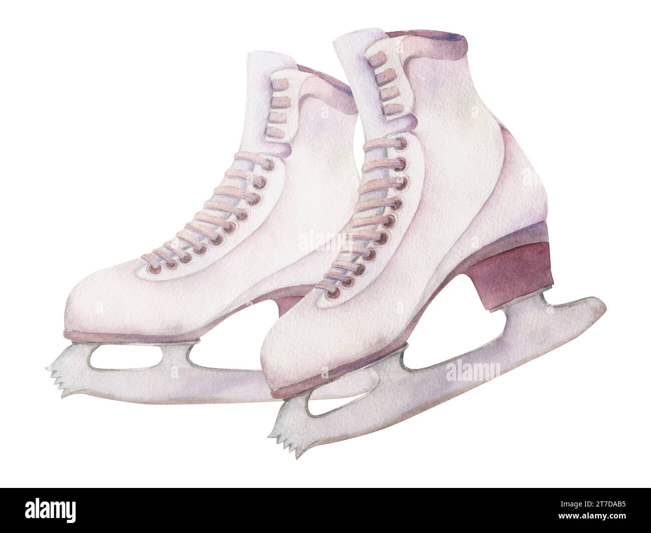 Paire de bottes de patinage artistique à l'aquarelle dessinées à la main, strass en cristal, chaussures de sports d'hiver. Illustration isolée sur fond blanc. Affiche de conception Banque D'Images