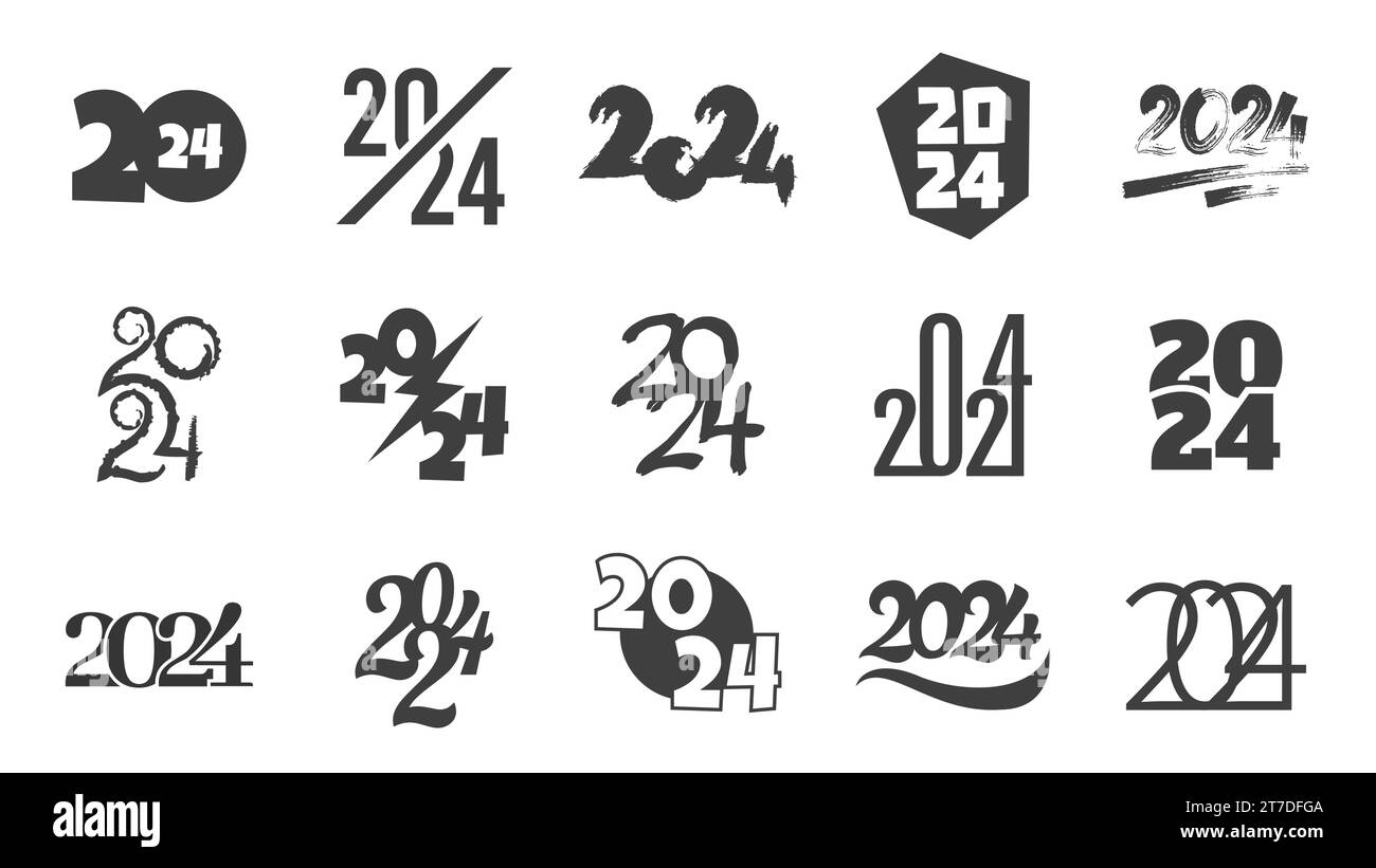 Libellé texte 2024. Calligraphie moderne géométrique et dessiné à la main des chiffres élégants, conception de symboles de type abstrait pour les vacances traditionnelles. Jeu de vecteurs Illustration de Vecteur