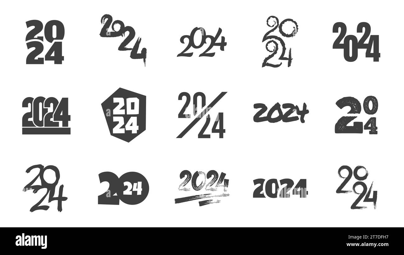 Texte 2024 logo. Calligraphie moderne voeux de vacances élégant, chiffres abstraits du zodiaque et lettres pour la conception de logo. Jeu de vecteurs Illustration de Vecteur